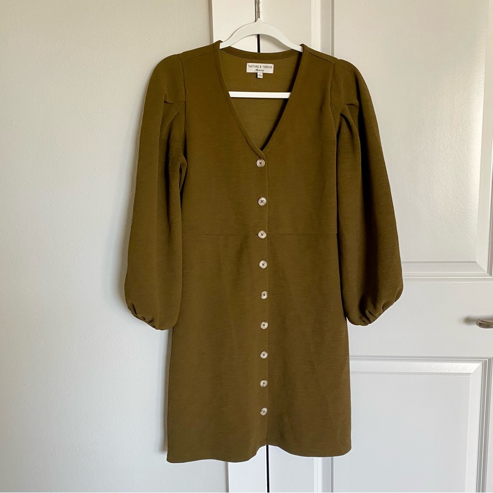 Texture & Thread Madewell V-neck Crepe Seamed Waist Balloon Sleeve Mini Dress
